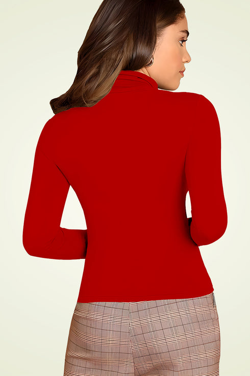 Women Red Highneck Full Sleeves T-Shirt